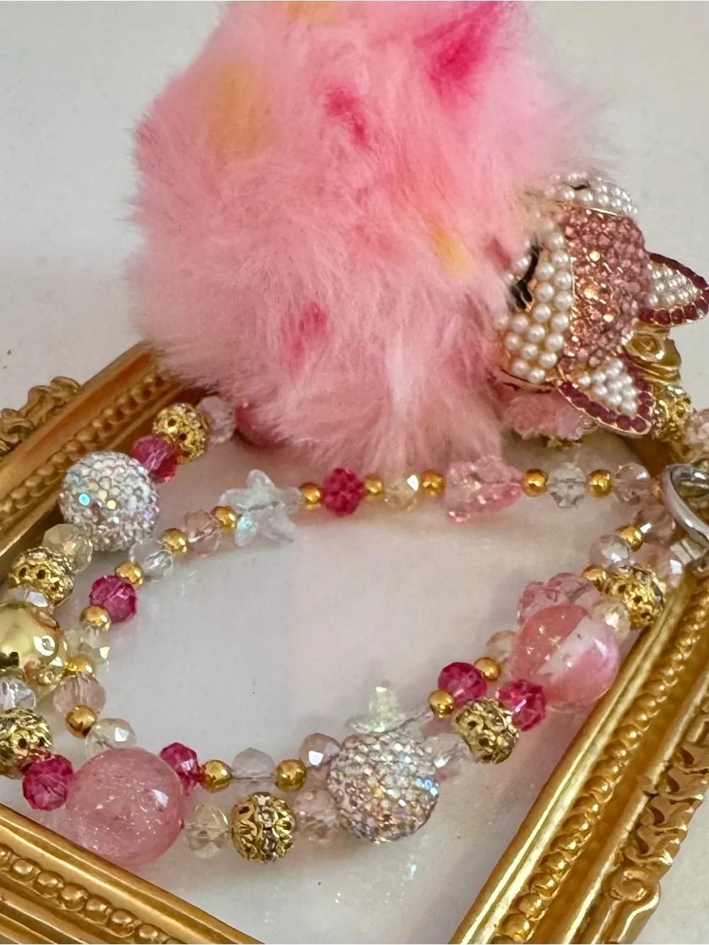 New Pink Pom-Pearl Fox  Phone Charm with Crystal Accents